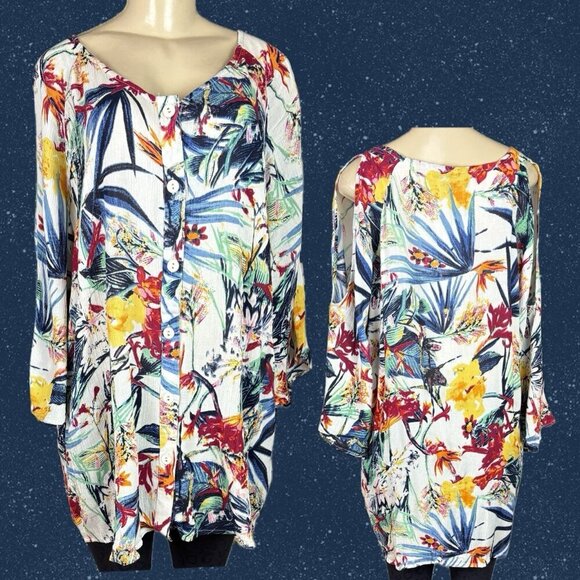 Roaman's + 18W Multicolor Floral Button Down Cold Shoulder 3/4 Sleeve Shirt - Picture 1 of 6